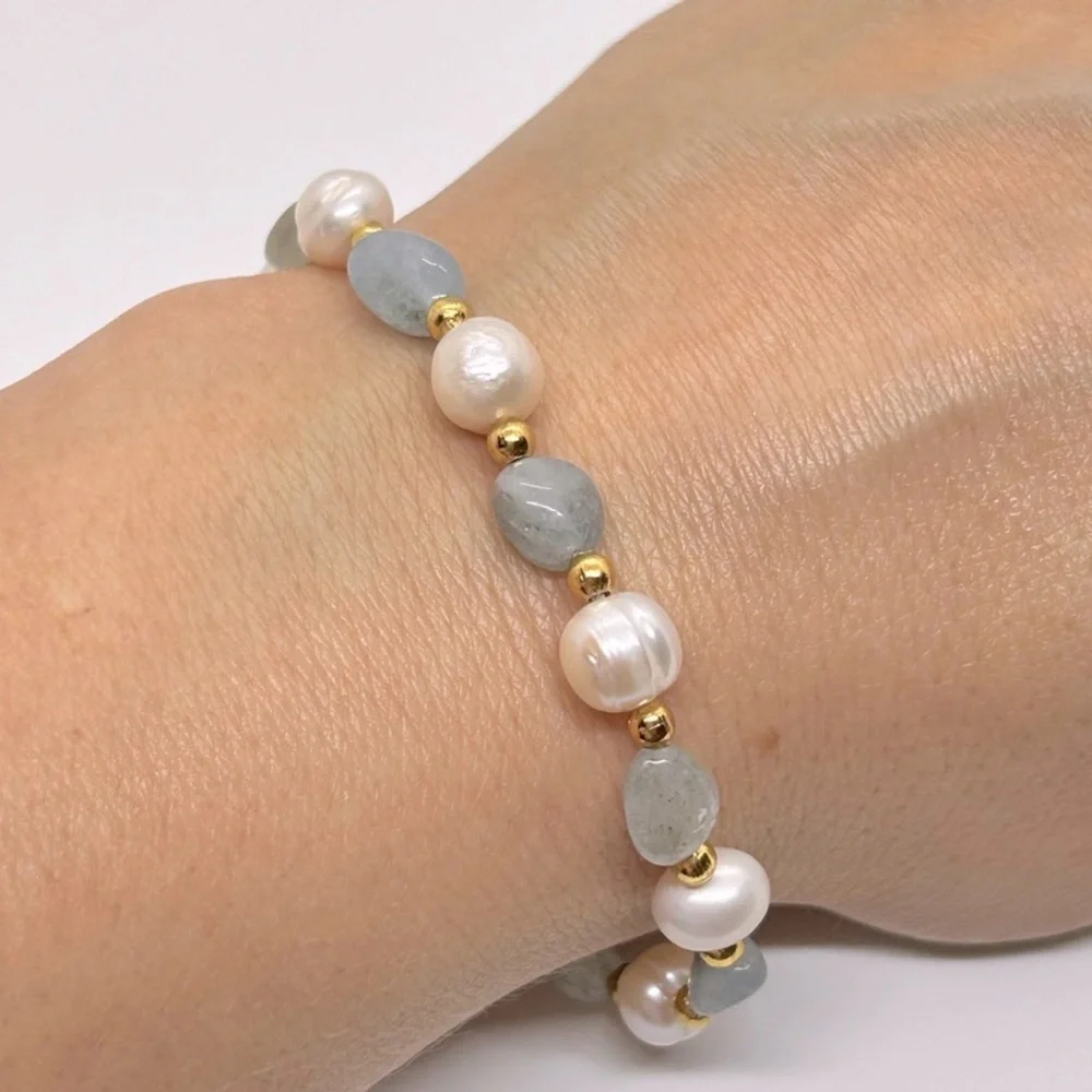 White Freshwater Pearl & Aquamarine Stones 18K GP Necklace & Bracelet Set